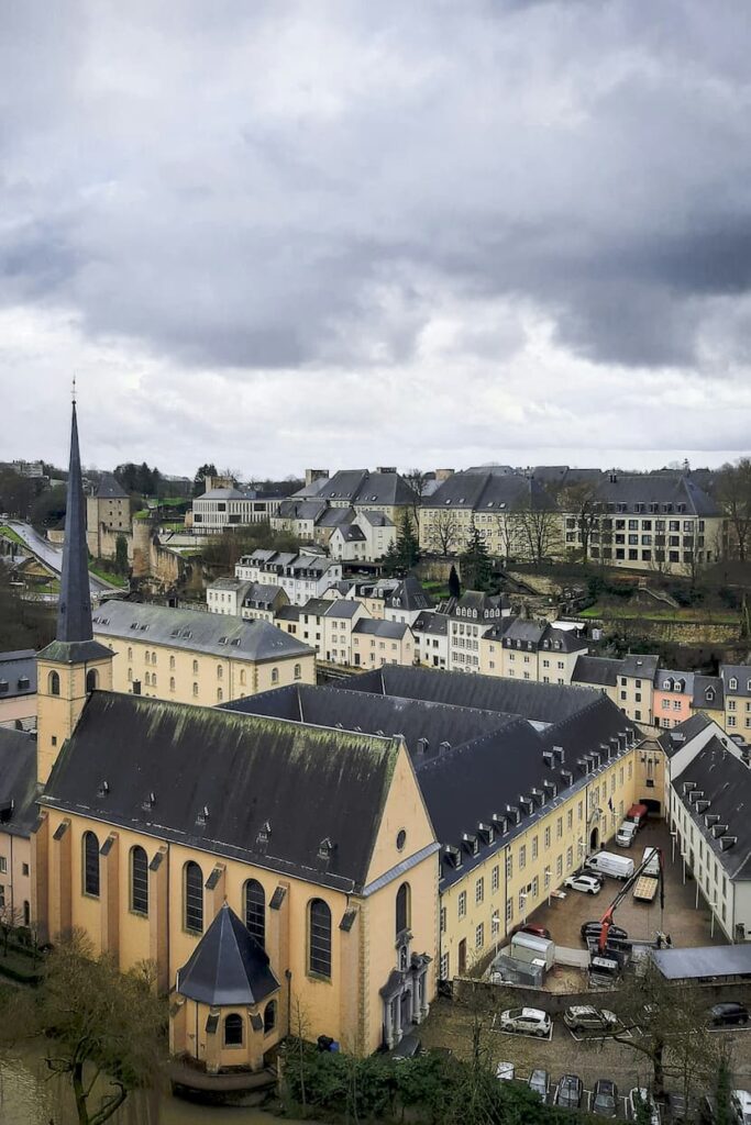 Panoramic aerial photograph looking over the historic Grund district of Luxembourg City.